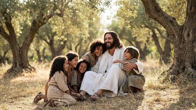 Biblical Figure Sitting on Grass Surrounded by Joyful Children
