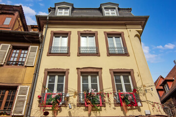 Colorful historic timber houses with flowers lining a narrow street in Colmar.