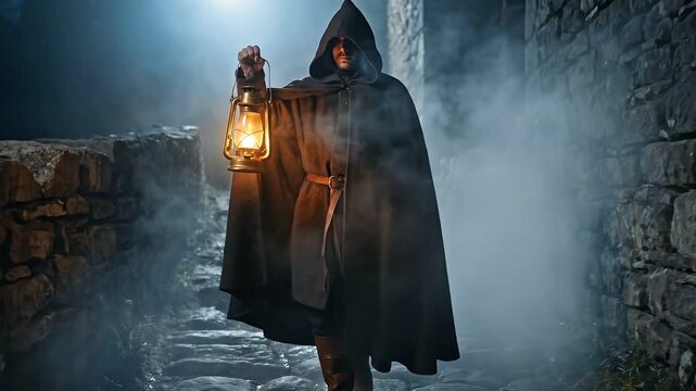 Robed Figure Lifting Oil Lantern on Rocky Path at Night