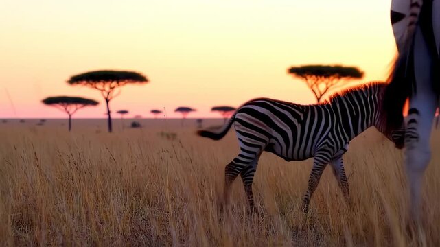 Zebra Family Grazing in the African Savanna at Sunset with a Newborn Calf