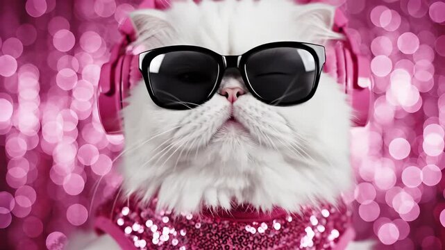 Cool cat wearing sunglasses and headphones. Stylish pet with relaxed expression shines against glittery pink background. Fun atmosphere and trendy vibe captivate viewers.
