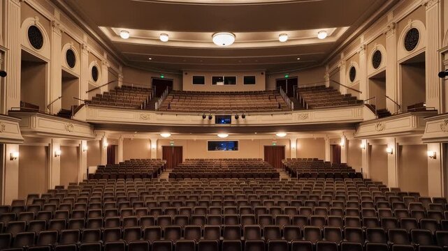 Empty classical theater auditorium with rows of seats and balcony view
