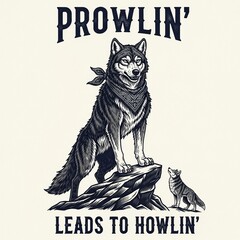 Obraz premium Detailed black and white flat illustration of a dominant wolf standing on rocks with a smaller wolf pup howling nearby