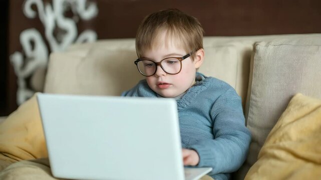 Child with Down syndrome using a laptop at home, education