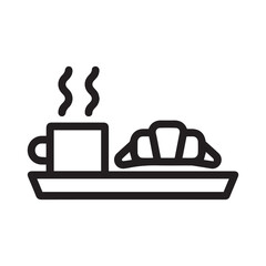 Breakfast icon with hot drink, croissant for web, mobile, promo, for accommodation, hospitality, food. Single outline, vector illustration.
