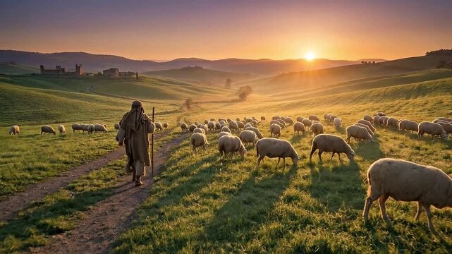 Biblical Shepherd Walking Through Green Pastures at Sunrise