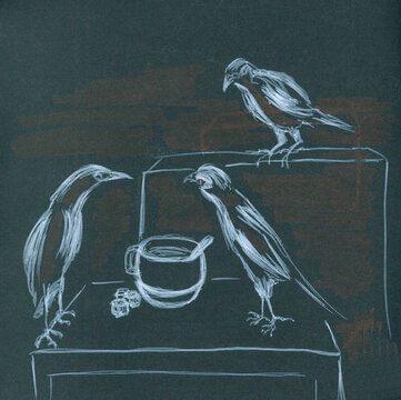 Black and white stylized art. Exotic mynah birds sit on a table. Relaxing vibe. Slow life. Cozy wallpaper on a dark background. Handmade illustration. A cup of drink and sugar cubes. Hotel breakfast.