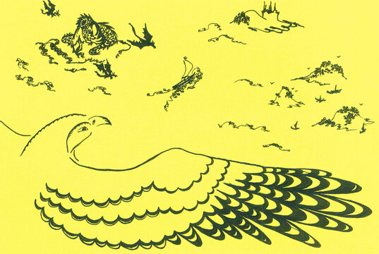 Black yellow stylized landscape. A falcon flying over a seascape. Relaxing vibe. Slow life. Cozy wallpaper on a yellow background. Handmade illustration. Islands in the sea. Ocean panorama.