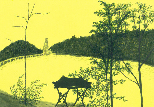 Black yellow stylized landscape. Oval lake among forest mountains. Picnic gazebo among the trees on the shore. Relaxing vibe. Slow life. Cozy wallpaper on a yellow background. Handmade illustration.
