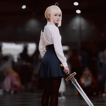 young woman cosplaying as saber
