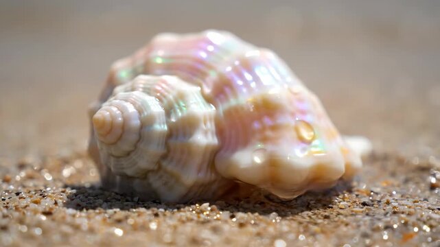 An iridescent shell sits on grains of wet sand