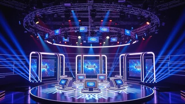 Modern television studio set with multiple screens and dramatic lighting, ready for a game show or quiz competition.