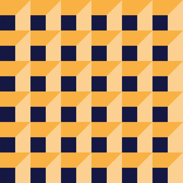Isometric geometric pattern with yellow and blue square blocks, Modern 3D architectural seamless background