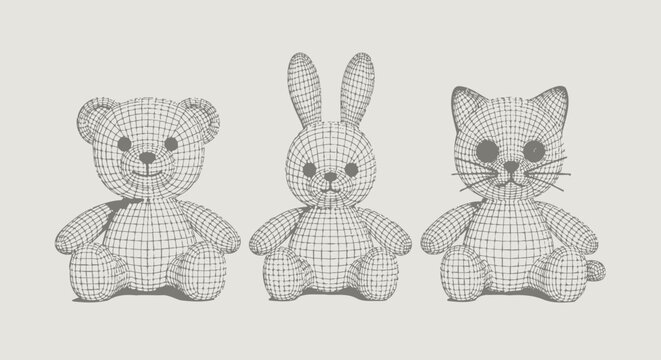 Wireframe 3D models of a teddy bear, a bunny, and a cat sitting side by side against a neutral background.