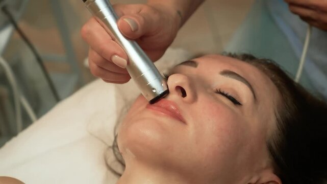 Lady enjoying gentle facial massage done by skilled beauty therapist in salon. Ultrasonic Cavitation Therapy, Microcurrent Lifting Treatment. Complexion treatment, facial glow therapy, rejuvenating