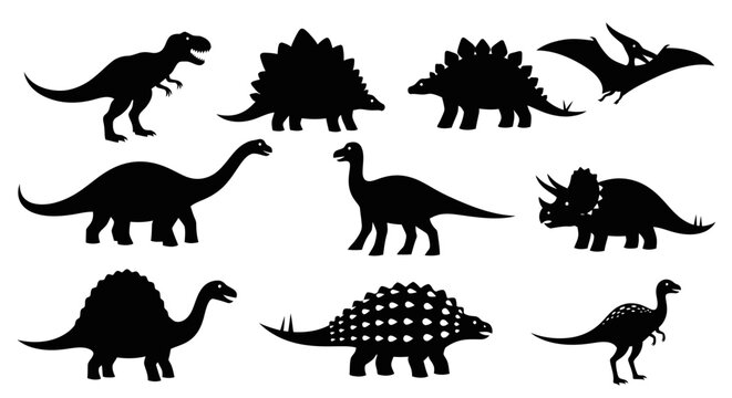 Collection of black silhouette illustrations of various dinosaur species against a white background.