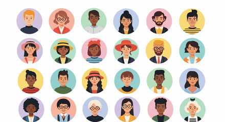 Fototapeta premium A diverse collection of colorful circular avatar icons representing people of various ethnicities, genders, and ages.