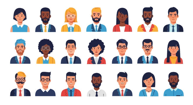A diverse collection of professional headshots featuring men and women of various ethnicities and ages, depicted in a clean, modern, flat illustration style.