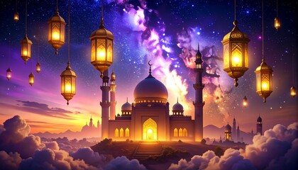 Majestic Mosque at Dusk with Lanterns