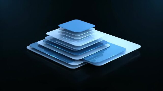 Clean geometric shapes assemble dynamically, creating a layered, modern architectural design on a dark background.