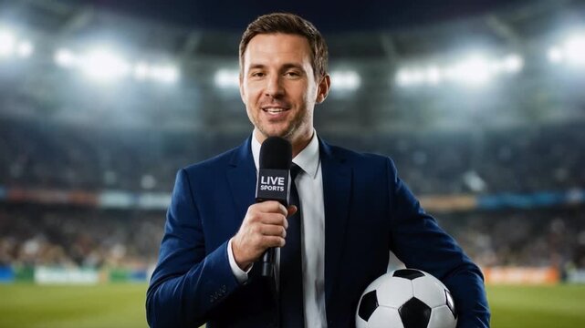 Male sports reporter standing in stadium with soccer ball and microphone. Professional journalist broadcasting live news about football match at night. Sport commentary concept