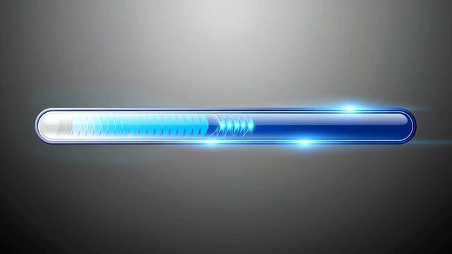 Futuristic blue loading bar with glowing lights on a dark background, representing progress and technology.