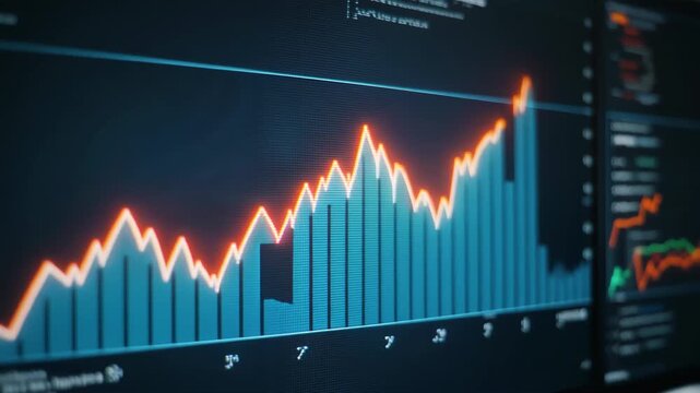 Close-up of glowing business analytics chart on large monitor animation