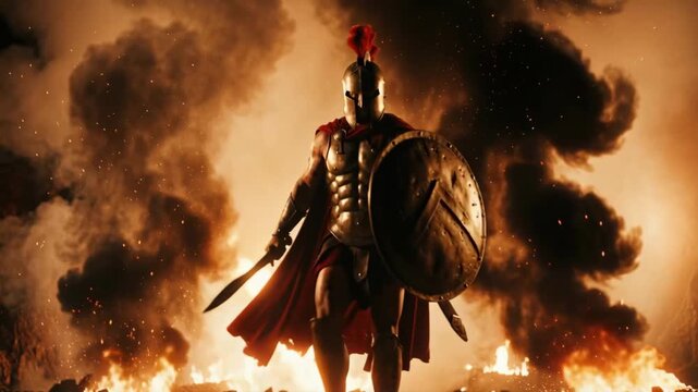Spartan warrior walking through fire on battlefield with sword and shield. Ancient greek soldier in helmet and red cape advancing in smoke. Epic cinematic war battle concept