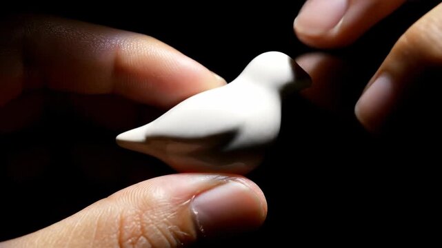 Human hands cradle a small bird sculpture