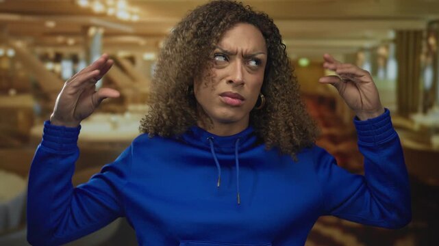 Transgender woman wearing a blue hoodie gestures as if speaking with hands in restaurant setting; expressive communication.