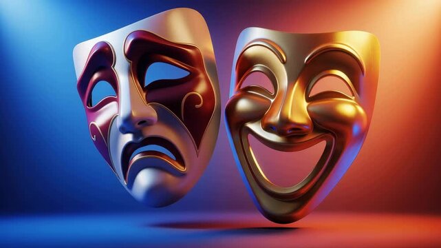 Tragic and comic theater masks with dramatic contrast lighting