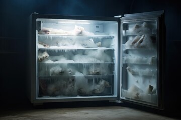 Open freezer showing thick ice buildup and packages of frozen meat in a spooky dark room