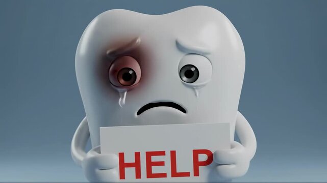3D animated tooth character with black eye holding help sign. Sad damaged cartoon molar with bruise asking for treatment on blue background. Dental health and pain concept