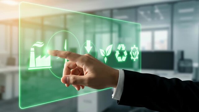 Carbon footprint reduction climate responsibility clean energy sustainability emission data showcased futuristic digital interface with icons representing key sustainability efforts and clean energy