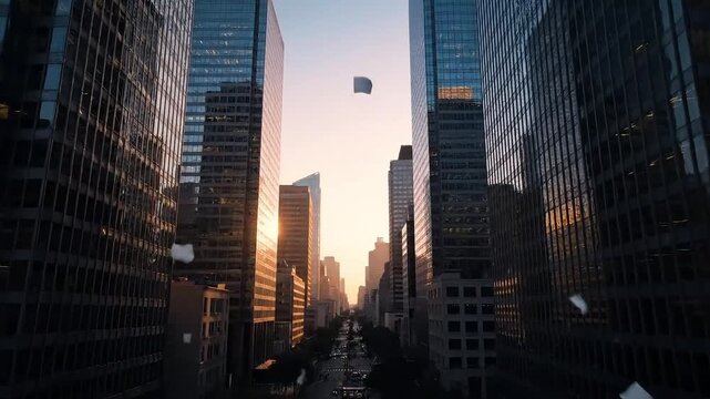 Papers flying through modern city street at sunset with skyscrapers