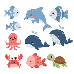 Fototapeta premium Cute Cartoon Marine Life Set