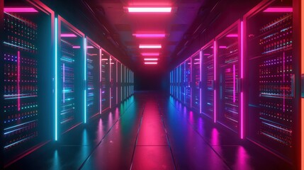Fototapeta premium Futuristic Data Center Corridor with Neon Pink and Blue Lighting