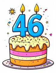 Cartoon birthday cake with number 46 candle. Illustration for birthday or anniversary celebration