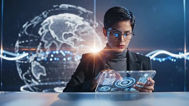 Woman scientist uses futuristic holographic tablet with AI brain interface in research laboratory. Scientist interacts with transparent digital screen. Neural network data visualization with brain hol