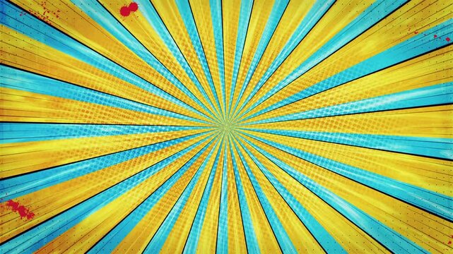 Abstract Sunburst Background with Vibrant Yellow and Blue Rays and Green Center.