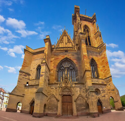The Eglise Saint Martin Gothic church in Colmar showing detailed stone facade and medieval architectural style.