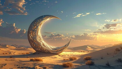 Tranquil Desert Landscape with Crescent Moon at Sunset