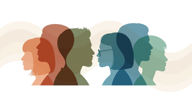 Silhouettes of diverse people facing each other, symbolizing connection and communication across different groups.