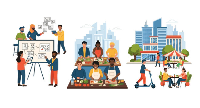 Diverse group of people collaborating on a project, participating in a cooking class, and enjoying outdoor dining in a city.