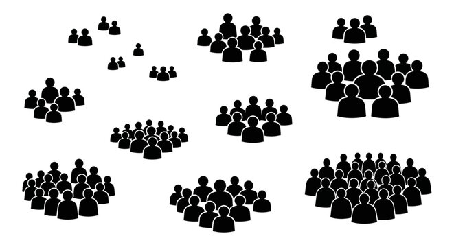 A collection of diverse groups of people represented by black silhouette icons, illustrating different crowd sizes and formations.