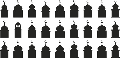 Mosque dome and minaret silhouettes featuring crescent moon symbols for ramadan and islamic celebration background © Emongrapic