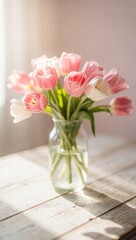 Fototapeta premium Pink and white tulips in glass vase on wooden table with sunlight 