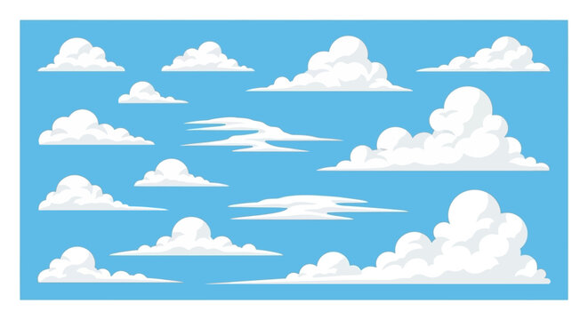 A collection of various fluffy white clouds scattered across a bright blue sky, illustrating different cloud formations.