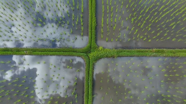 Aerial view of rice fields with reflection and green lines
