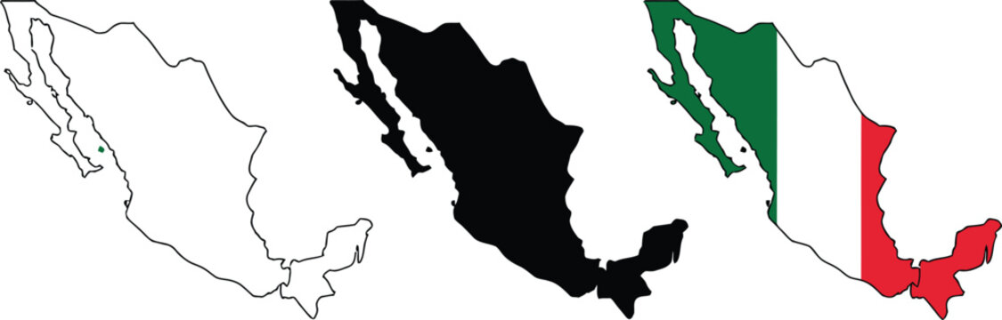 Mexico map icon set, outline silhouette filled map and Mexican flag color map shown side by side